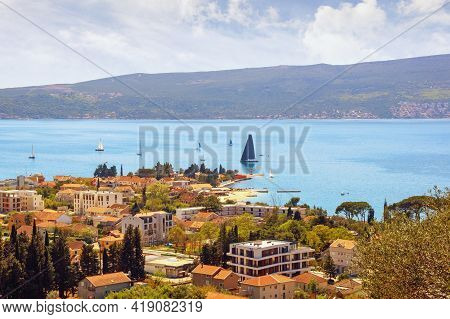 Beautiful  Mediterranean Landscape  On Sunny Spring Day.  Montenegro, Adriatic Sea, View Of Bay Of K