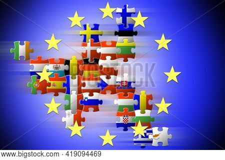 Puzzle Map Of The Eu Countries. Flags Of The Eu Countries. Unification Of Europe. Concept For Design