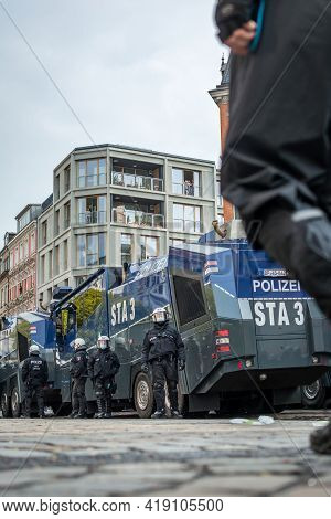 Hamburg, Germany - May 1, 2021: Water Cannons On Schulterblatt Street During Protests On May Day, La