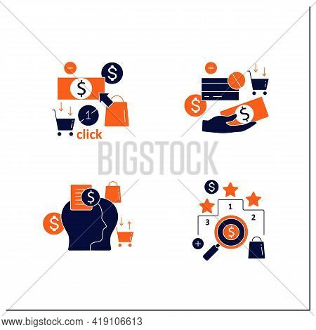 Mindful Spendings Glyph Icons Set. Rating, Accountability Partner, One Click Buying, Cash Using. Buy