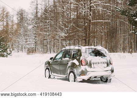 Gomel, Belarus - February 28, 2020: Renault Duster Or Dacia Duster Suv Parked In Snowdrift. Winter S