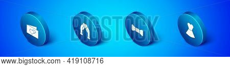 Set Isometric Greeting Card, Bow Tie, Woman Dress And Wedding Arch Icon. Vector