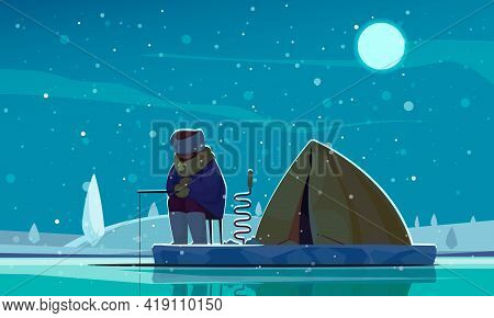 Winter Night Fishing Flat Composition Fisherman On Ice Holding Rod Drill With Tent Behind Him Vector