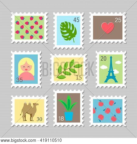 Set Of Nine Beautiful Colourful Stamps, Isolated On Grey Background. Variety Of Modern Vector Post S
