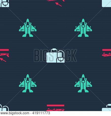 Set Plane Landing, Suitcase And Jet Fighter On Seamless Pattern. Vector