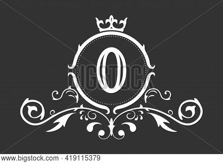 Stylized Number 0. Ornament And Crown Monogram Template For Business Cards, Logos, Emblems And Heral