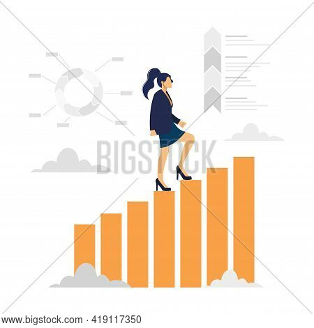 Vector Illustration, People Run To Their Goal On The Column Of Columns, Climbing Up The Stairs, Move