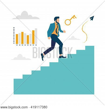 Vector Illustration, People Run To Their Goal On The Column Of Columns, Climbing Up The Stairs, Move