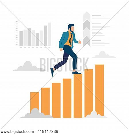 Vector Illustration, People Run To Their Goal On The Column Of Columns, Climbing Up The Stairs, Move