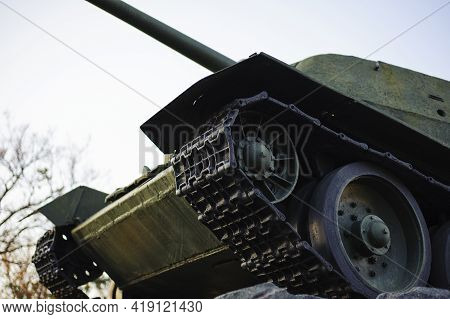 Monument With The Soviet T-34 Tank In Memory Of The Soldiers Of The Great Patriotic War. Monument To