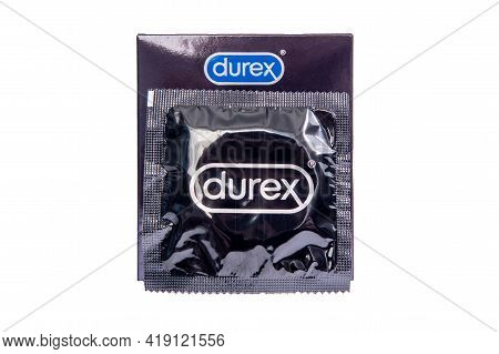 Tyumen, Russia-april 26, 2021: Durex Brand Condoms. Isolated On A White Background