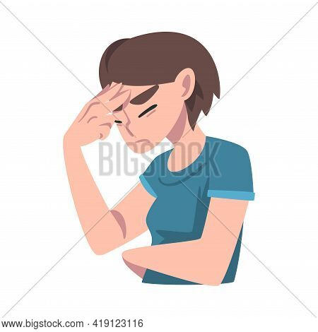 Young Woman Suffering From Throbbing Headache, Symptom Of Heart Stroke Cartoon Vector Illustration
