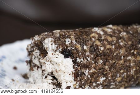 Closeup Image Of Kerala Style Tasty Dark Ragi Puttu. Selective Focus