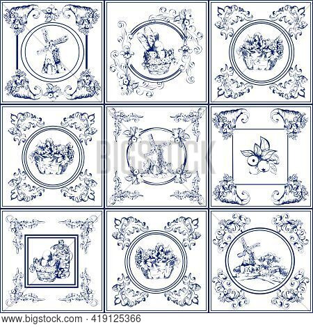 Delft Blue Kitchen And Fireplace Tiles Used All Over The World Icons Collection Abstract Isolated Ve