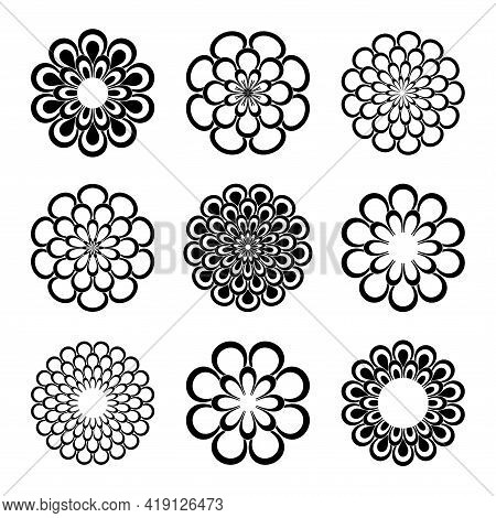Abstract Flower Icons. Dcorative Floral Circle Design Elements. Vector Art.