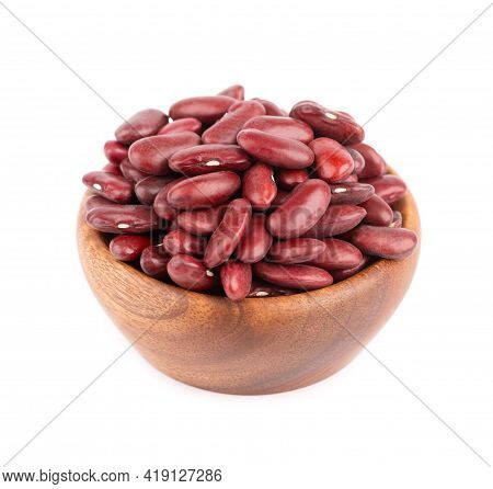 Red Kidney Beans In Wooden Bowl And Spoon, Isolated On White Background. Rajma Or Mexican Bean. Bean