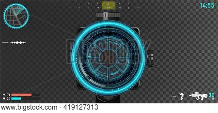 First Person Shooter Layout, Sniper Scope With Hologram Hood And Game Interface Elements - Mini Map,