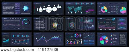 Dark Presentation Slide With Gradient Graphic Elements. Business Report And Project Data Visualizati