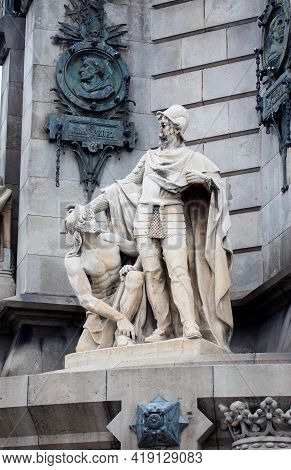 Barcelona, Spain - October 26, 2015: Detail Of Columbus Monument On The Square Portal De La Pau, At 