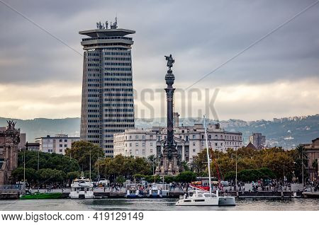 Barcelona, Spain - October 26, 2015: Columbus Monument On The Square Portal De La Pau, At The Lower 