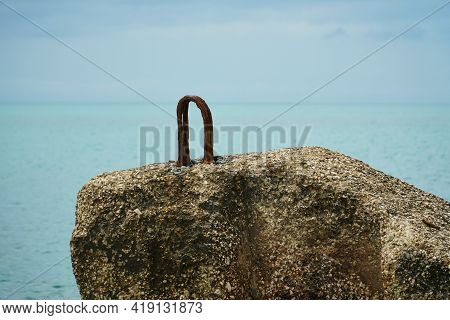 Breakwater On Beach. Ocean Beach Breakwaters. Old Concrete Blocks Campi.