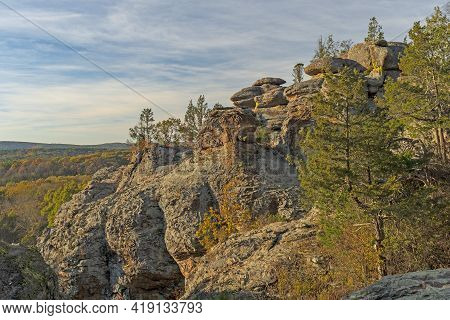 Evening Light On Sandstone Cliffs In Garden Of The Gods In Shawnee National Forest In Illinois