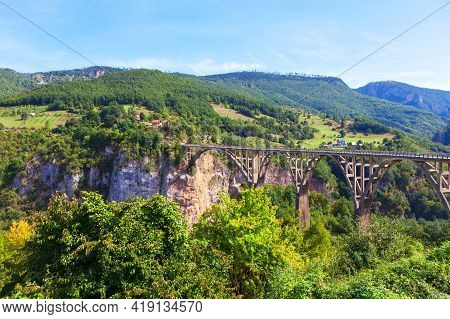 Durdevica Tara Bridge Famous Place In Montenegro .  Biggest Canyon In Europe In The National Park Du