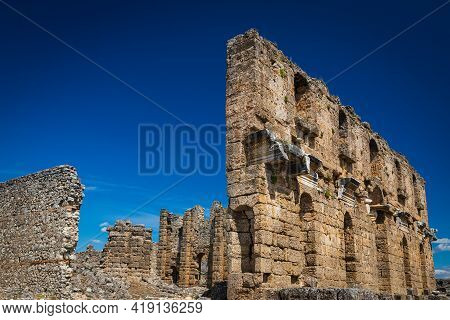 Roman Ruins At Greco-roman City In Antalya Province Of Turkey. Ancient City Of Pamphylia.