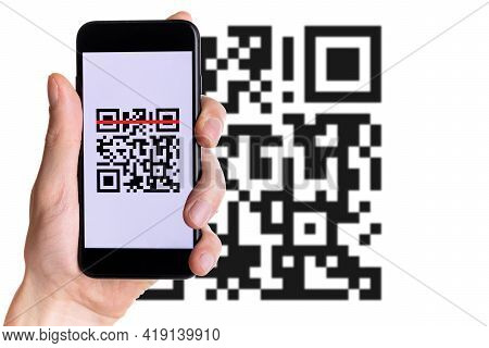 Scan Qrcode. Hand Holding Digital Mobile Smart Phone With Qr Code Scanner On Smartphone Screen For P