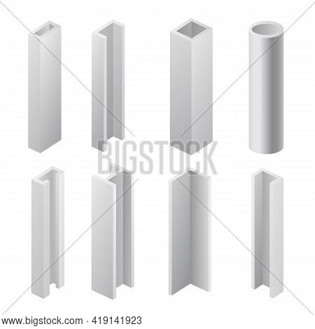 Vector Set Of Steel Beam And Tubes For Building, Metal Construction Materials.