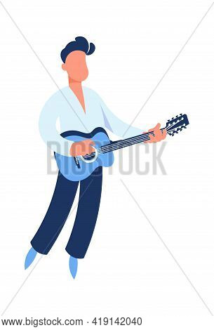 Guitar Player. Cartoon Guitarist Playing Music. Man Holding String Acoustic Instrument. Cute Perform