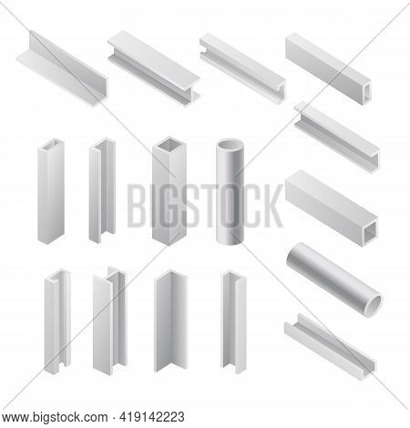 Set Templates Of Construction Steel Beam Realistic Vector Illustration Isolated.