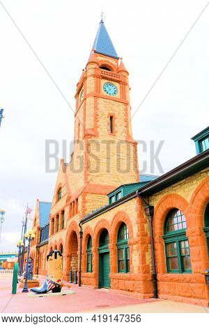 April 26, 2021 In Cheyenne, Wy:  Vintage Train Depot With A Clock Tower Built In The 1880s Taken In 
