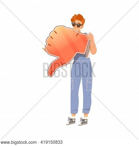 Male In Sunglasses Wearing Jumpsuit Holding Thumb Down Sign As Notification Of Disapproval Vector Il