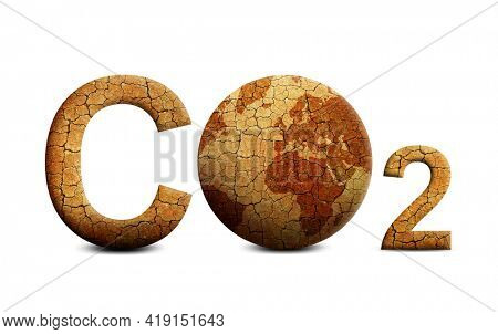 Parched planet earth and text CO2 isolated on white background. Global warming or change climate concept. Environmental problems. Growing Carbon Dioxide in the atmosphere.