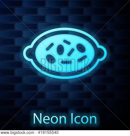 Glowing Neon Kheer In A Bowl Icon Isolated On Brick Wall Background. Traditional Indian Food. Vector