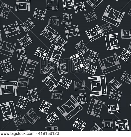 Grey Plotter Icon Isolated Seamless Pattern On Black Background. Large Format Multifunction Printer.