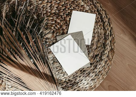 Tropical Summer Stationery Mockups. Blank Greeting Cards, Craft Envelopes And Dry Palm Leaves. Ratta