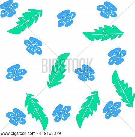 Vector Pattern Of Blue Forget-me-not Flowers And Green Leaves.