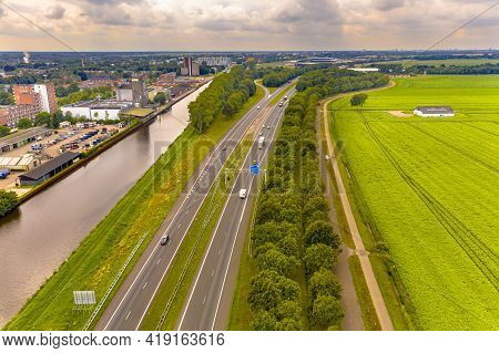 A7 Highway In Between A Canal And The Countryside Near Hoogezand Sappemeer, Groningen Province, The 