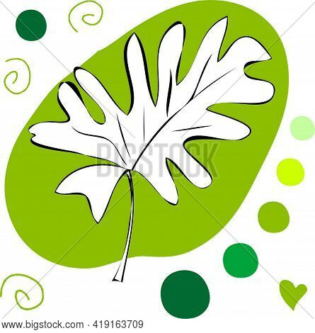 Vector Illustration Silhouette Of An Exotic Leaf With Colorful Green Abstract Spots On A White Backg