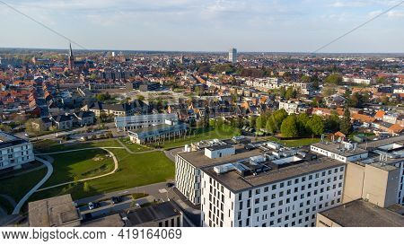 Turnhout, Belgium, 27 April 2021, Bird Eye Aerial View Of The Az Sint Elizabeth Hospital In The City