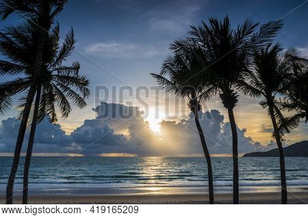 Patong Beach, Thailand. Beautiful Sunset Over Sea With Blue Sky And Cloud. Sunset Time At Tropical B