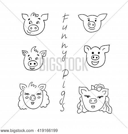 Set Of Funny Childish Pigs. Simple Doodles With Cute Animals With Differenr Gender - Boy Or Girl, Ha