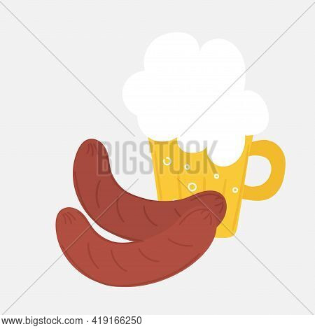 Funny Hand Drawn Set Of Beer Mug And Two Sausages. Simple Playful Funne Art Of German National Cuisi