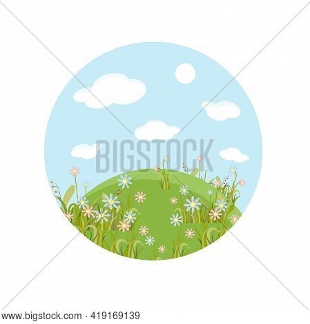 Flower Hill Round Label Art Cartoons Design Element Stock Vector Illustration For Web, For Print, Fo