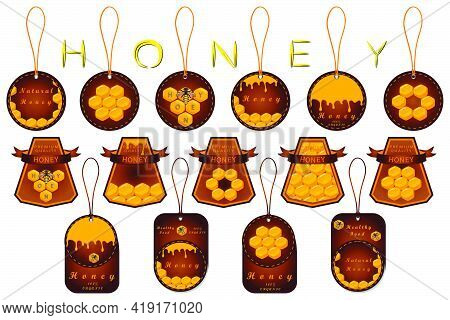 Illustration On Theme For Big Set Label Of Sugary Flowing Down Honey In Honeycomb With Bee. Label Pa