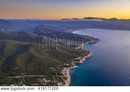 Aerial View Of Rocky Coast Of Corsican Cap Corse Near Farinole, Corsica, France