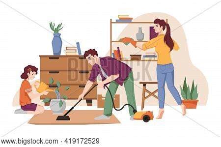 Family Cleans House, Vacuums Carpet By Vacuum Cleaner, Dust Furniture, Takes Care About Flower Pots.