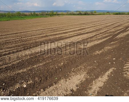 Landscape With Agricultural Land Plowed, Prepared For Harvest. Agricultural Landscape, Arable Land F